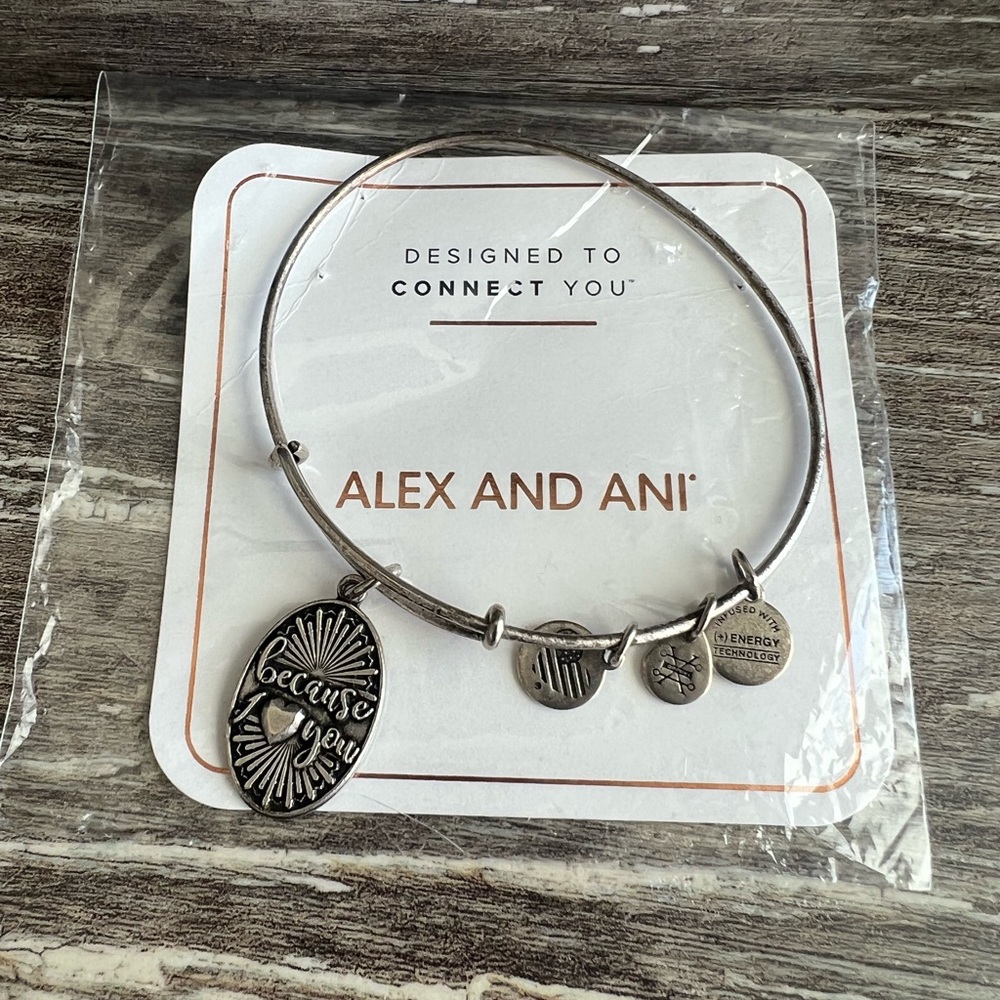 Alex and Ani Because I Love You Silvertone ‎ Charm Bangle Bracelet 2016 USA New